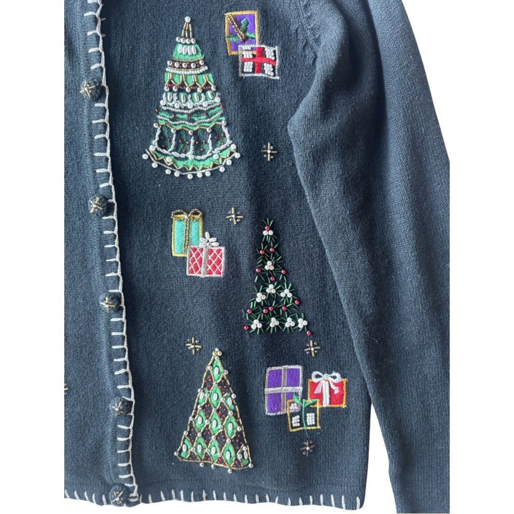 Vintage 90s Beaded Christmas Tree Cardigan Ugly Sweater L 10-12 knit holiday - Picture 5 of 7